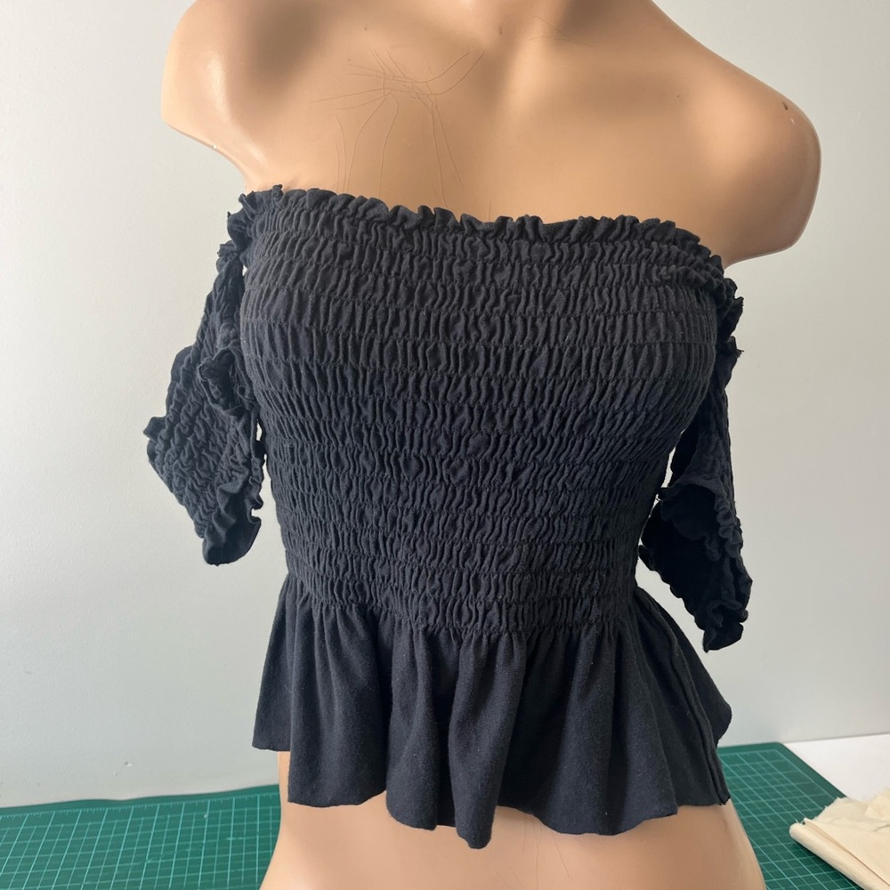 Truly Madly Deeply Black Smocked Off-Shoulder Crop Top